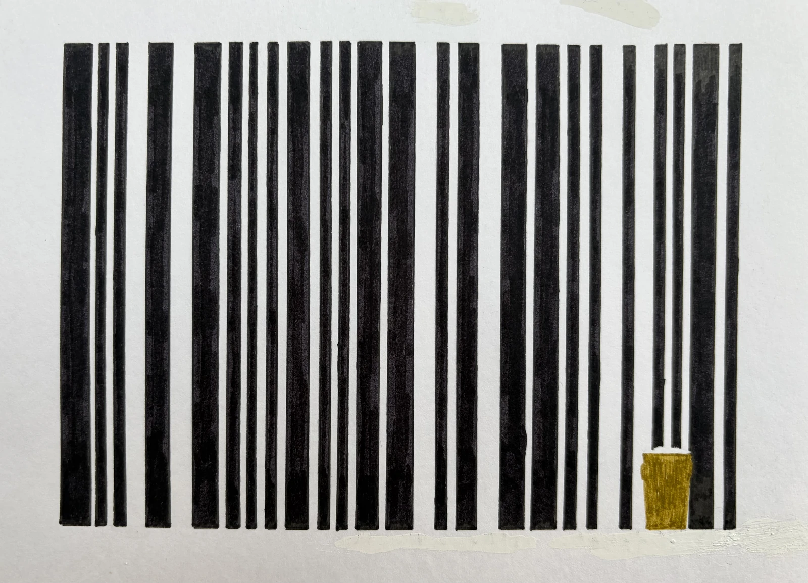 Comic: Bar Code, beer. A bar code with a small image of a pint of beer in the bottom right hand corner highlighted by the vertical lines of the bar code.